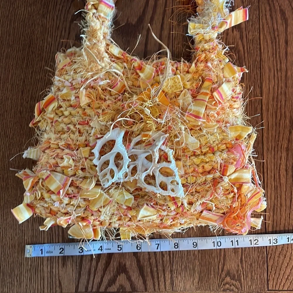 UNIQUE HANDMADE boho chunky Rag Knitted yellow shoulder bag genuine shells